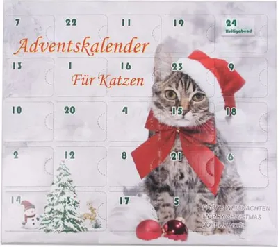 An advent calendar for cats with a cat wearing a Santa hat and a red bow.