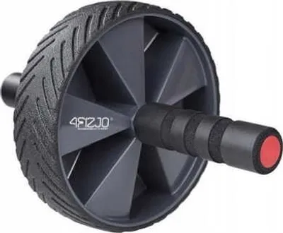 A black and red ab wheel with a black tire and red end caps on the handles.