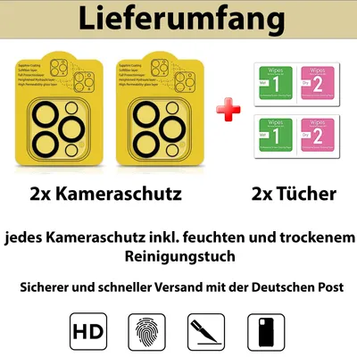 Marketing image showing the contents of a delivery package for iPhone camera protectors.