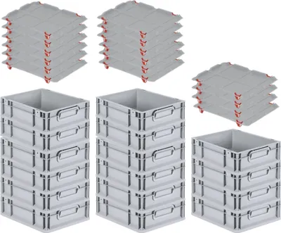 Produktbild von SuperSparSet 16x Eurobox NextGen Economy mit Auflagedeckel und 4x Schiebeschnappverschlüsse Rot | Griffe geschlossen | HxBxT 12x30x40cm | 11 Liter | Eurobehälter, Transportbox, Transportbehälter, Stapelbehälter