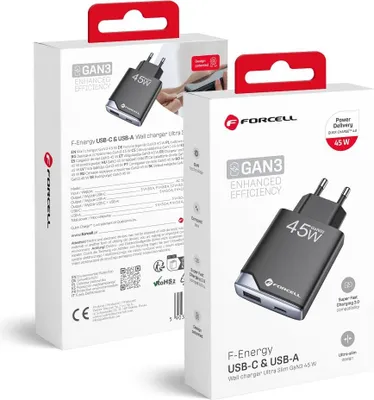 Image de FORCELL F-ENERGY GaN III B245202(1A1C) Chargeur de voyage ultra-mince 1 x Typ C + 1 x USB A PD QC4.0 3A 45W noir