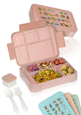 Produktbild von Deine Schulhelden Bento Box - Brotdose für Kinder - Bruchfeste, Auslaufsichere Lunchbox mit Besteck und Becher - BPA frei, Rosa mit ABC Motiv, 1330ml