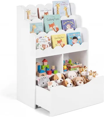 Produktbild von Kinderregal mit 5 Fächern & Schublade auf Rollen (Weiß) | Bücherregal Kinder aus Holz, Spielzeugregal montessori, Spielzeugaufbewahrung für Kinderzimmer & Spielzimmer