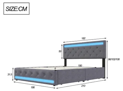 Zdjęcie produktu dla Łóżko z oświetleniem LED - Łóżko tapicerowane - Łóżko dwuosobowe - Łóżko z pojemnikiem - Łóżko z szufladami - 180x200 cm - Oświetlenie LED