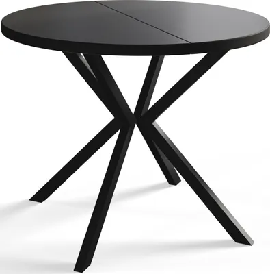 A black round dining table with a metal base, shown from a slightly elevated angle against a white background.