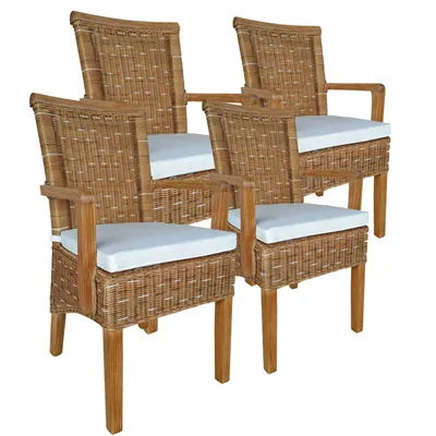 Produktbild von Esszimmer Stühle Set mit Armlehnen 4 Stück Rattanstühle braun mit Sitzkissen