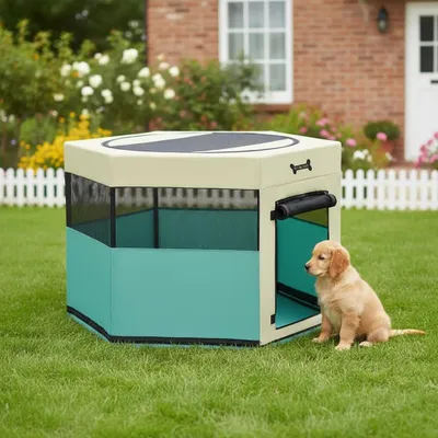 Immagine prodotto di Mucola Box per cuccioli Box per animali pieghevole libero recinto per cani gatti piccoli animali conigli animali domestici - S Turchese Beige