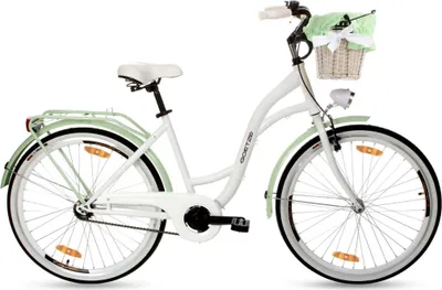 Produktbild von Goetze Style 26 Zoll City Bike, 43 cm Tiefeinsteiger, 1-Gang mit Rücktrittbremse hinten & V-Bremse vorne, LED-Beleuchtung, Rattankorb mit Bezug