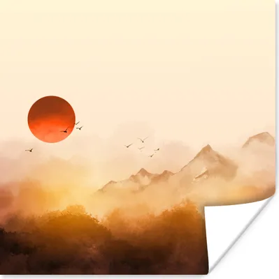 Produktbild von MuchoWow® Poster Malerei - Sonne - Landschaft - Vögel 50x50 cm - Wohnzimmerdekoration
