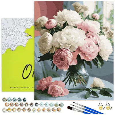 Produktbild von Malen nach Zahlen Erwachsene Weiße und rosa Pfingstrosen mit Rahmen 40x50 cm