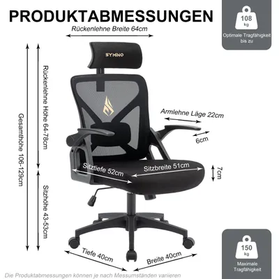 Produktbild von Buerostuhl ergonomisch Symino Kopfstuetze Lordosenstuetze Wippfunktion