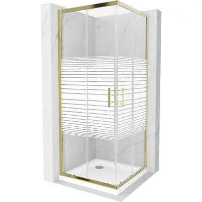 Obrázek produktu pro Mexen Rio čtvercový sprchový kout 90 x 90 cm, Pruhy, Zlatá + sprchová vanička Flat, Bílá - 860-090-090-50-20-4010G