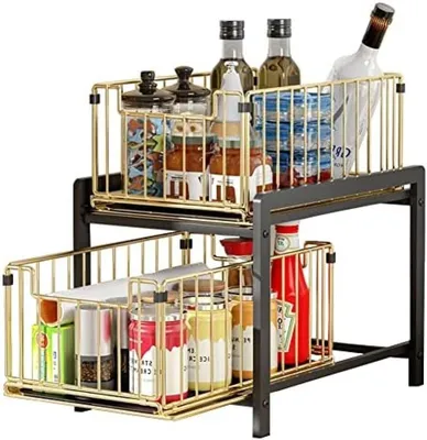 Produktbild von PolkaHome® Küchenorganizer mit 2 Schubladen – Edelstahl-Aufbewahrungsregal, Gold, 37x26x38,5 cm