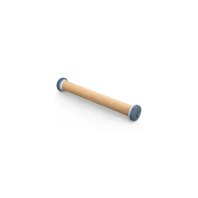 A rolling pin with blue ends on a white background.