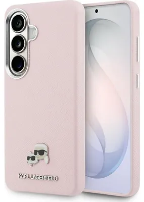Produktbild von Handyhülle für Galaxy S26 Plus, Karl Lagerfeld Saffiano Full Wrapped MagSafe, Rosa mit Karl Lagerfeld und seiner Katze Choupette