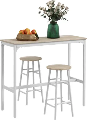 Image de HOMCOM Ensemble table de bar bistrot + 2 tabourets avec repose-pieds table mange-debout structure en acier design industriel table haute de cuisine plateau aspect bois naturel blanc