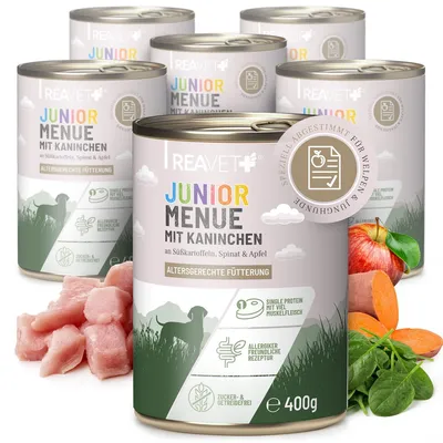 Produktbild von REAVET Hundenassfutter – Junior Menue mit Kaninchen an Süßkartoffeln Spinat & Apfel 6 x 400g mit hohem Fleischanteil & viel Muskelfleisch Getreidefrei