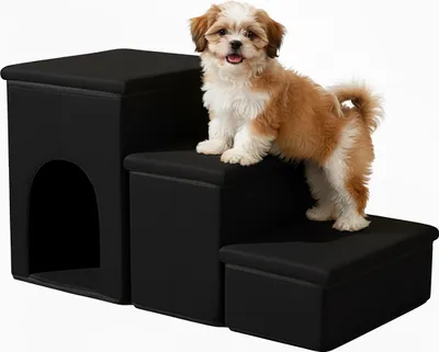 Produktbild von Relaxdays Hundetreppe, 3 Stufen, Höhle & Stauraum, HxBxT: 43 x 75 x 33 cm, faltbar, Hunderampe Bett & Sofa, schwarz