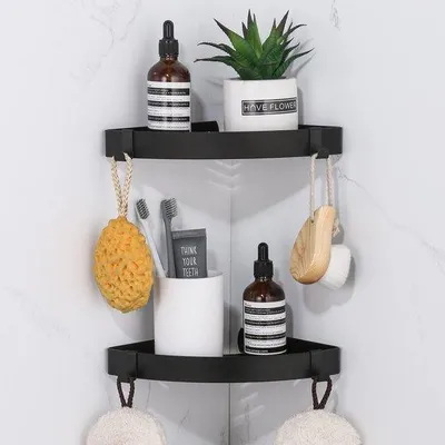 Image de Étagère de douche Unyqoos® sans perçage – Étagère d'angle pour angles à 90°, en acier inoxydable SUS304, noire, 24 x 17 x 2,8 cm, avec 4 crochets amovibles, capacité de charge de 10 kg, lot de 2
