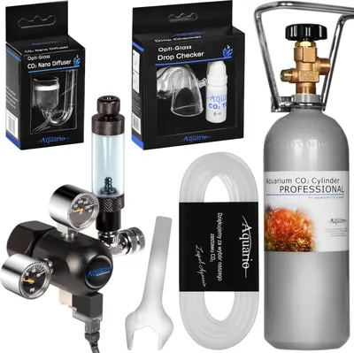A collection of aquarium CO2 equipment is displayed against a white background.