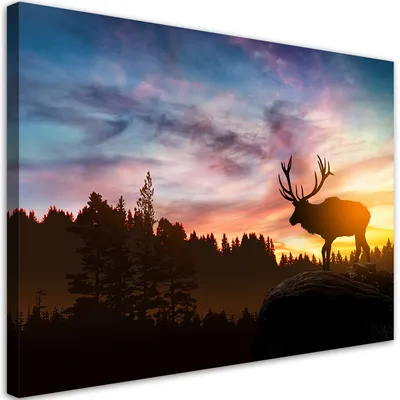 Produktbild von Leinwandbild Hirsche bei Sonnenuntergang 90x60 Feeby Orange bild für die wand bereit zum aufhängen