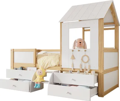 Produktbild von Merax Kinderbett 90x200cm mit Leiter und 4 Schubladen, Hochbett mit Rausfallschutz, Dach und Fenster, Kieferholzbett Jugendbett Kinderhaus Weiß/Natur