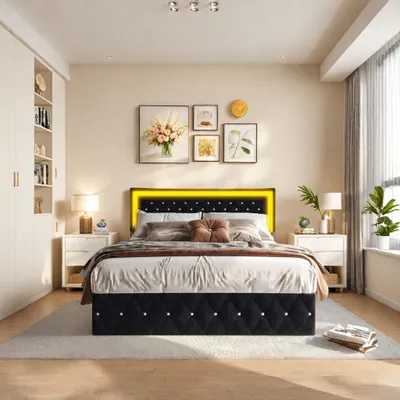 Produktbild von Elegantes Polsterbett 160x200 mit großem, verstellbarem Kopfteil, Samtbett mit LED-Beleuchtung, hydraulischem Stauraumsystem, klassisches schwarzes Bett