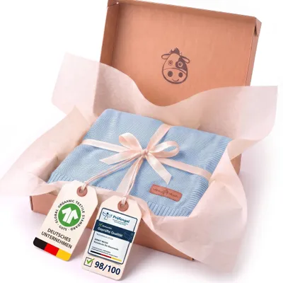 Produktbild von Minky Mooh® Babydecke 94x72 cm aus 100% Baumwolle – Kuscheldecke & Pucktuch für geborene – Hellblau