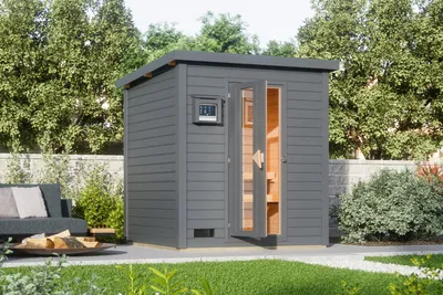 Produktbild von Karibu Saunahaus Außensauna Gartensauna Hytti 2 terragrau lackiert Ofen 9 kW  externe Strg easy 38mm Massivholz 196x196x228 cm
