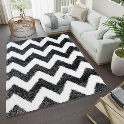 Image de Tapis Shaggy Salon Chambre à coucher Design moderne Tapis à poils longs Blanc Noir Doux 200 x 300 cm