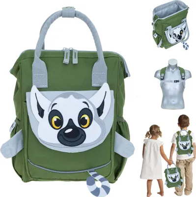 Produktbild von Rucksack für Kinder Jungen Mädchen Elephant Kids Kindergartenrucksack Kindi Vorschule backpack Kinderrucksack mit Klappöffnung 365 Lemur Maki (Oliv Grau) Affe