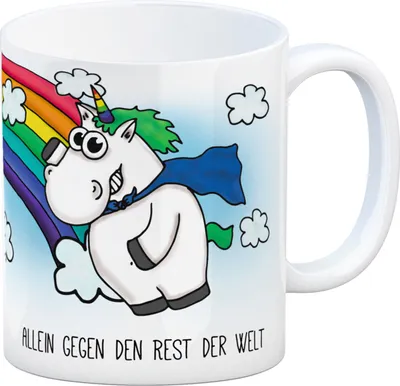 Produktbild von Honeycorns Kaffeebecher mit Einhorn Motiv und Spruch: Allein gegen ... Büro