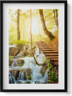 Produktbild von Bach und Treppe im Wald– Wandbild mit Rahmen – Gerahmtes Bild  – Wanddekoration – 50x70 cm –  Schwarz Rahmen