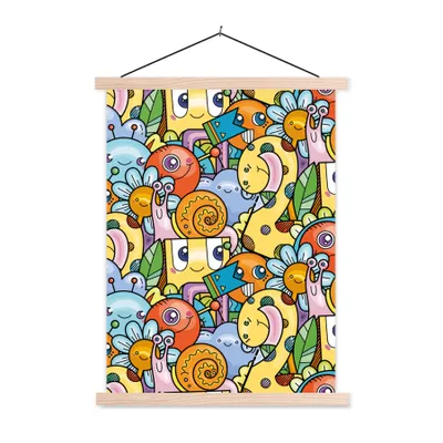 Produktbild von MuchoWow® Textilposter Design - Tiere - Blumen - Lustig - Junge - Mädchen 60x80 cm mit holzfarbenen Rahmen - Wandbild