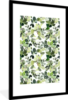 Produktbild von MuchoWow® Gerahmtes Poster Blätter - Aquarell - Weiß 60x90 cm - Poster mit Schwarzem Bilderrahmen Wandposter Rahmen Foto Bilder - Dekoration - Wandposter Wohnzimmer - Hochwertig