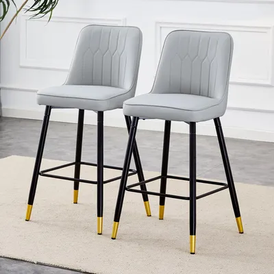 Image de Lot de 2 tabourets de bar, 100 cm, cuirPolyuréthanegris clair, pieds en métal noir, repose-pieds