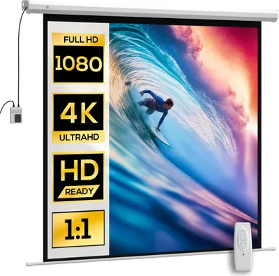 A motorized projection screen displaying a surfer riding a wave, with feature callouts on the left side.