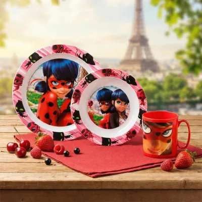 Produktbild von Miraculous Ladybug Kinder Geschirr-Set 3 teilig Becher Teller Schüssel