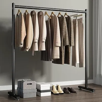 Imagen del producto de Percha de pie robusta y ajustable, fabricada en metal, con barra para colgar ropa y patas niveladoras. Organizador de prendas para dormitorios, recibidores y tiendas, de 100 cm, color