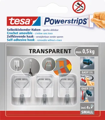 Produktbild von tesa Powerstrips Haken WIRED HOOK SMALL transparent 3 Haken und 4 Strips