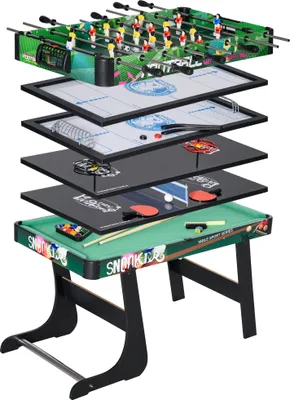 Produktbild von HOMCOM 6-in-1 klappbarer Multispieltisch für Kinder ab 7 Jahren, Spieltisch, Billard, Tischfußball, Tischtennis, Wurfkorb, Eishockey, Airhockey, 118 x 104 x 71 cm, mehrfarbig