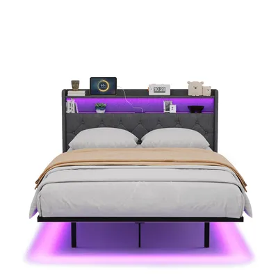 Produktbild von BEALIFE Polsterbett 140x200 cm mit Kopfteil, Ablage & LED-Lichtleiste | Metallgestell, Dunkelgrau/Beige | AF21