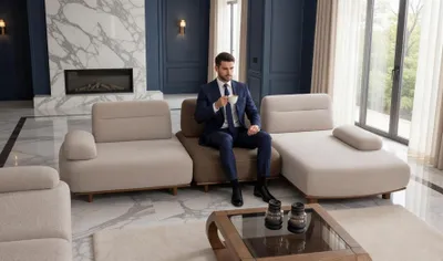 Obrázok produktu pre Moderná rohová pohovka v tvare L v béžovej farbe s pohodlným čalúnením a dreveným podstavcom