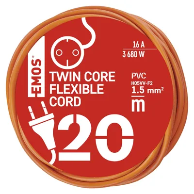 Dvoužilový pohyblivý přívod 20 m / 1 zásuvka / oranžový / PVC / 230 V / 1,5 mm2