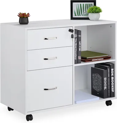 Obrázek produktu pro Kancelářská skříňka s třemi zásuvkami, dvěma policemi, kolečky, zámkem, rozměry 66x80x40 cm, bílá barva