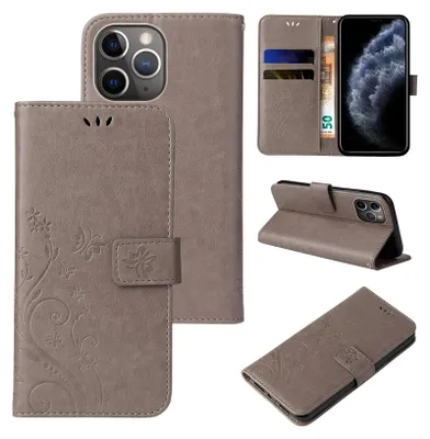 Produktbild von Handyhülle für Apple iPhone 11 Pro Floral Blumen Schmetterling Flip Cover Hülle Case Klapphülle Handytasche Farbe: Grau