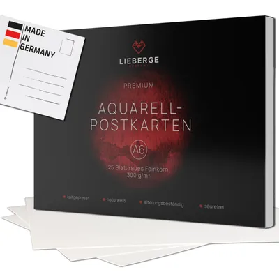 Produktbild von LIEBERGE Premium Aquarellpapier A6 300g –  Germany – 25 Blatt Aquarellblock | Aquarell Postkarten | Watercolor Paper