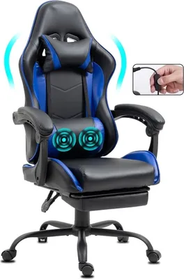 Produktbild von Delman Bürostuhl Gaming Stuhl Massage Gaming Sessel Ergonomischer mit Fußstütze Kopfstütze Massage-Lendenkissen Gaming Chair Drehsessel 02-0042 Blau