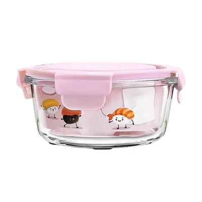 A round glass food container with a pink lid and cartoon sushi characters on the side.
