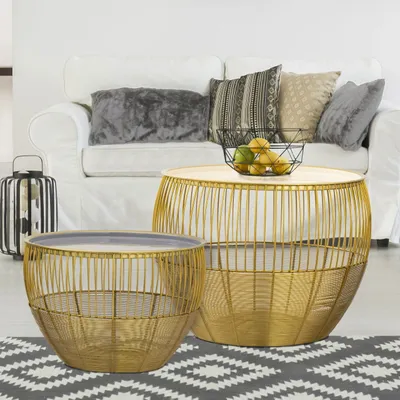 Produktbild von Beistelltisch 2er Set Satztisch rund ø 49/41 H 37/29 cm Dekotische Sofatisch Glamira Couchtisch gold weiß - grau